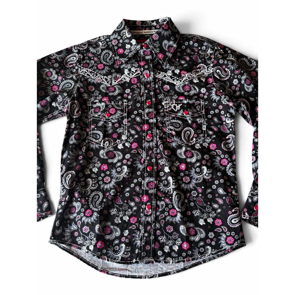 Cowgirl Hardware Girls Western Snap Shirt Paisley Black Pink Size S 5/6 Rodeo
